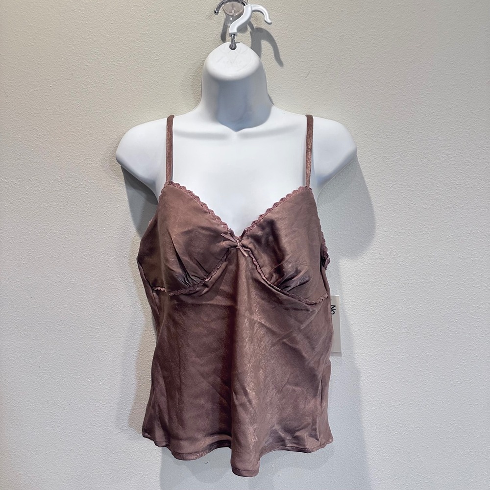 NWT No Boundaries Womens Camisole Tank Top Mocha Brown Satin Lace Trim Bow Sz M
